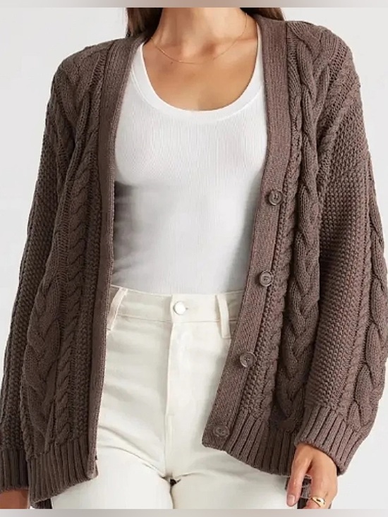 Quince Sweaters - Quince Oversized Cable-Knit Button-Front Cardigan - Brown 100% Organic Cotton